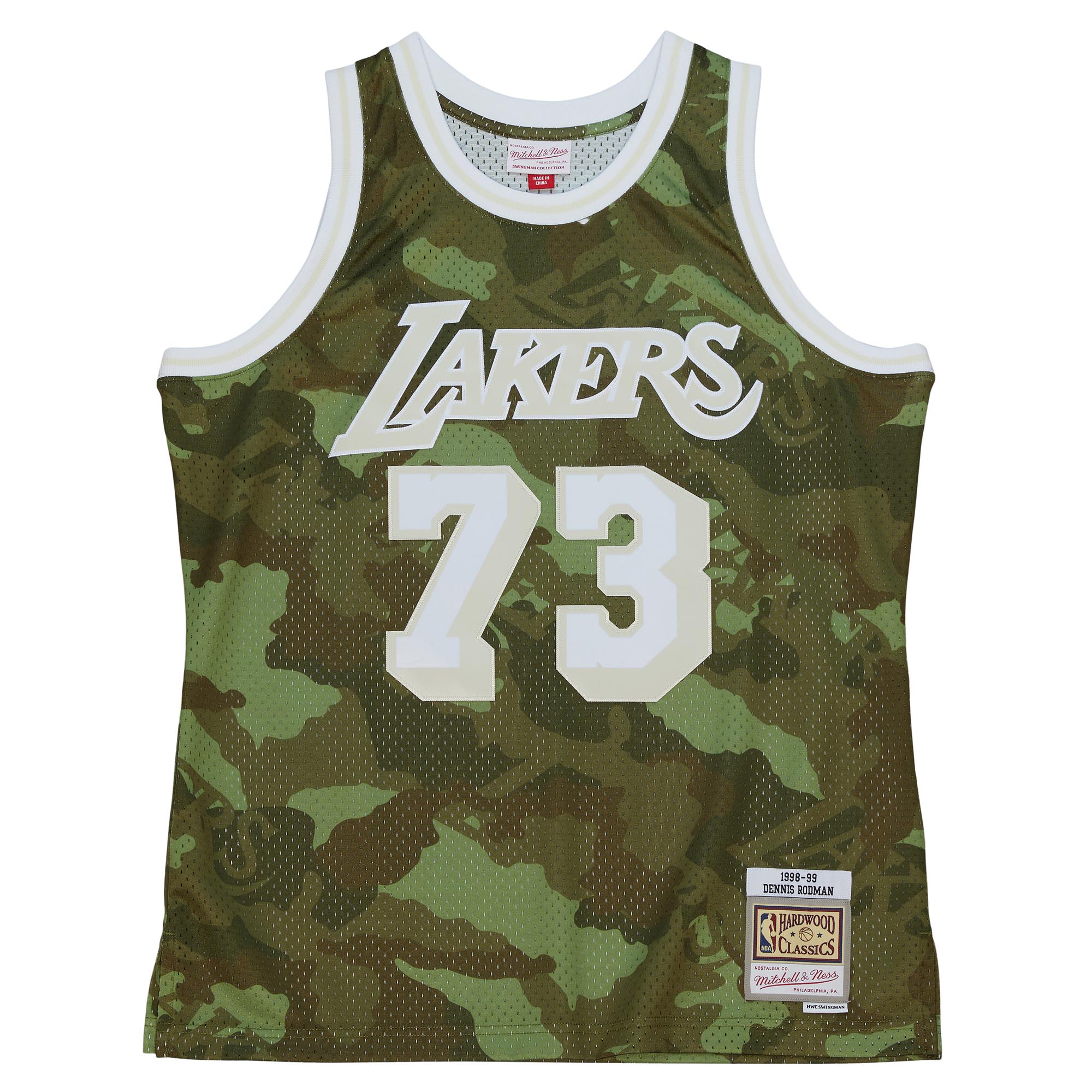 Men's Los Angeles Lakers Dennis Rodman Camo Hardwood Classics 1998/99 Ghost Green Swingman Jersey