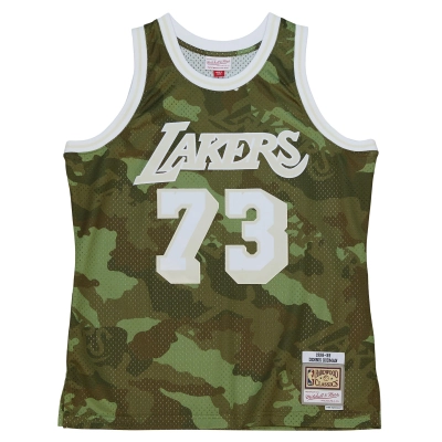 Men's Los Angeles Lakers Dennis Rodman Camo Hardwood Classics 1998/99 Ghost Green Swingman Jersey 02