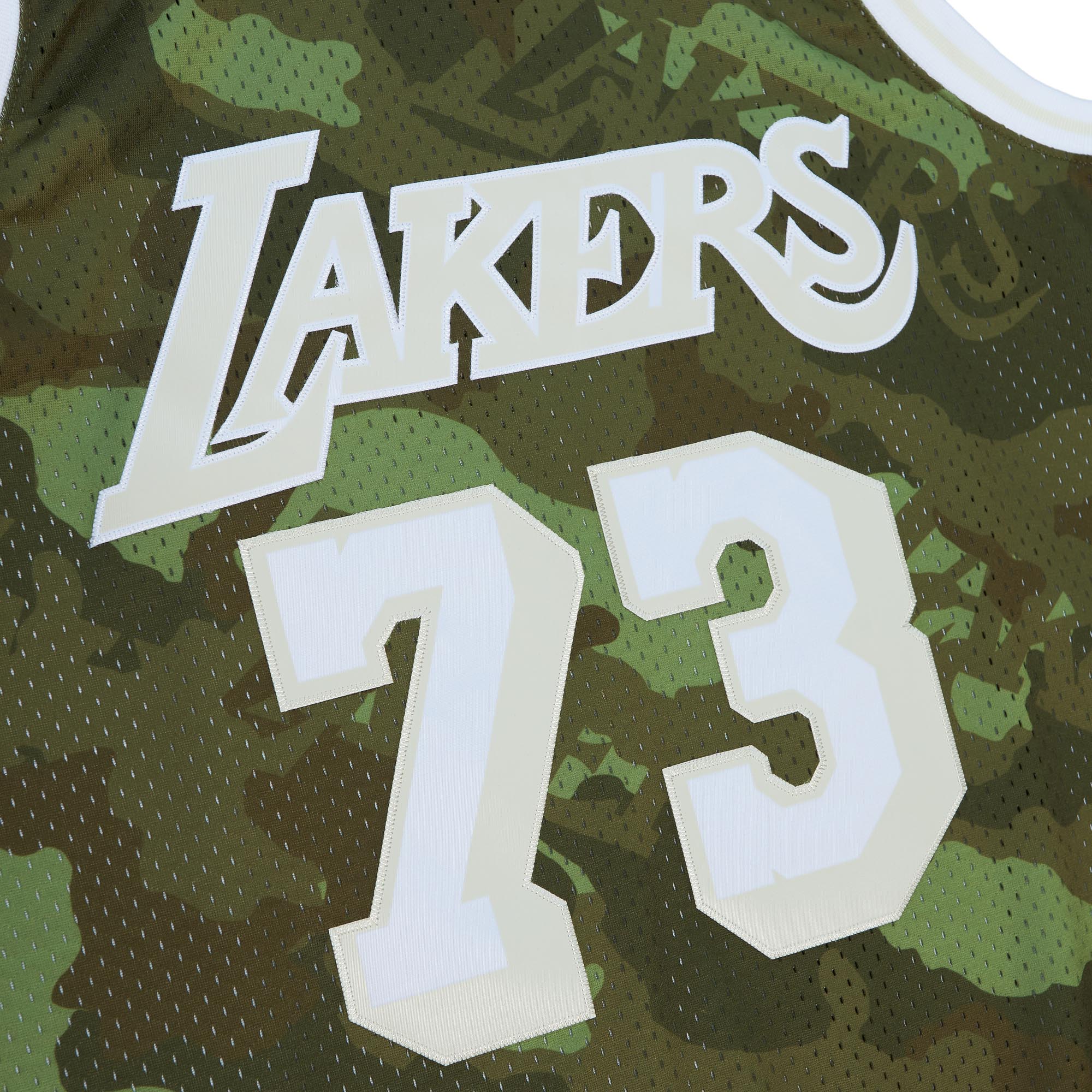 Men's Los Angeles Lakers Dennis Rodman Camo Hardwood Classics 1998/99 Ghost Green Swingman Jersey