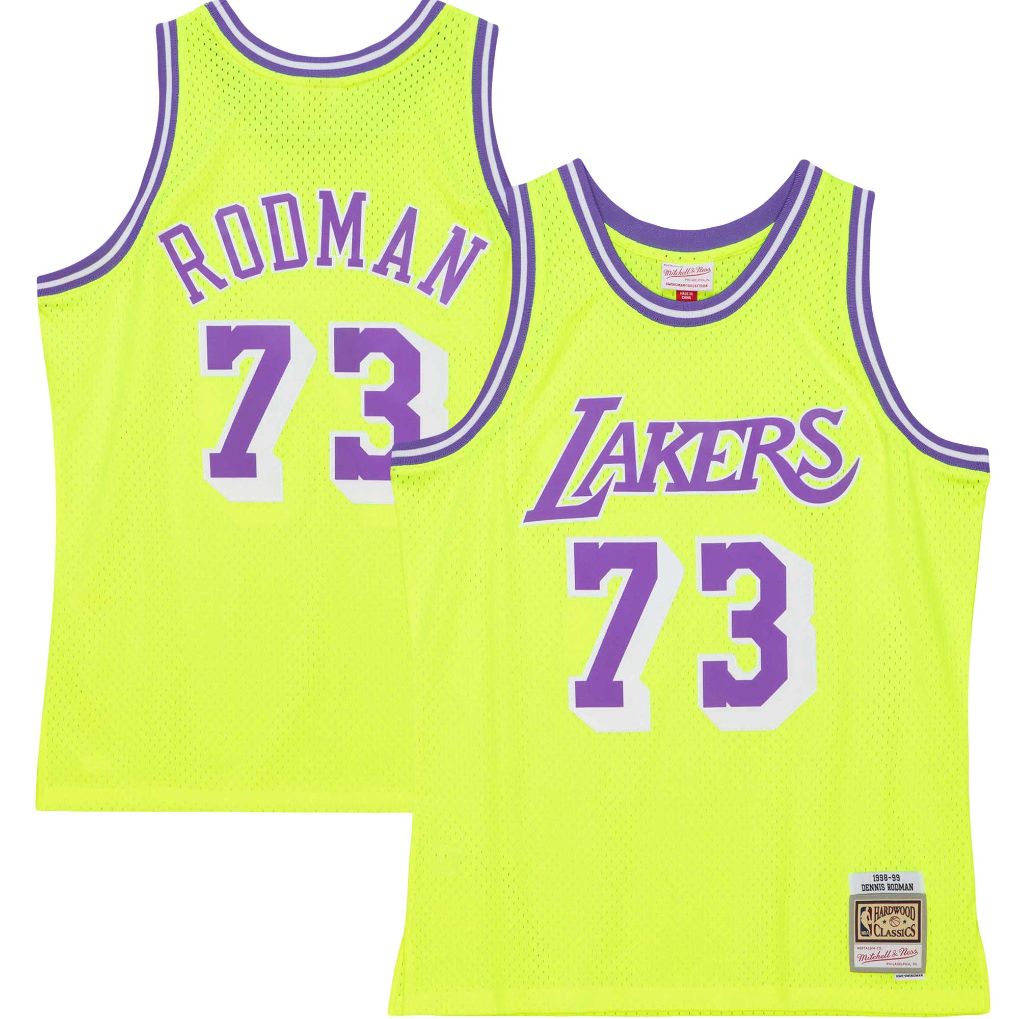 Men's Los Angeles Lakers Dennis Rodman Neon Yellow Hardwood Classics 1998/99 Tropical Swingman Jersey