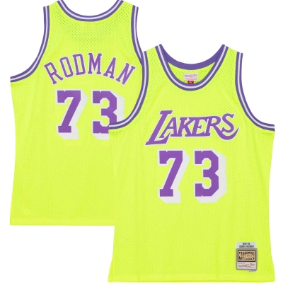 Men's Los Angeles Lakers Dennis Rodman Neon Yellow Hardwood Classics 1998/99 Tropical Swingman Jersey 01