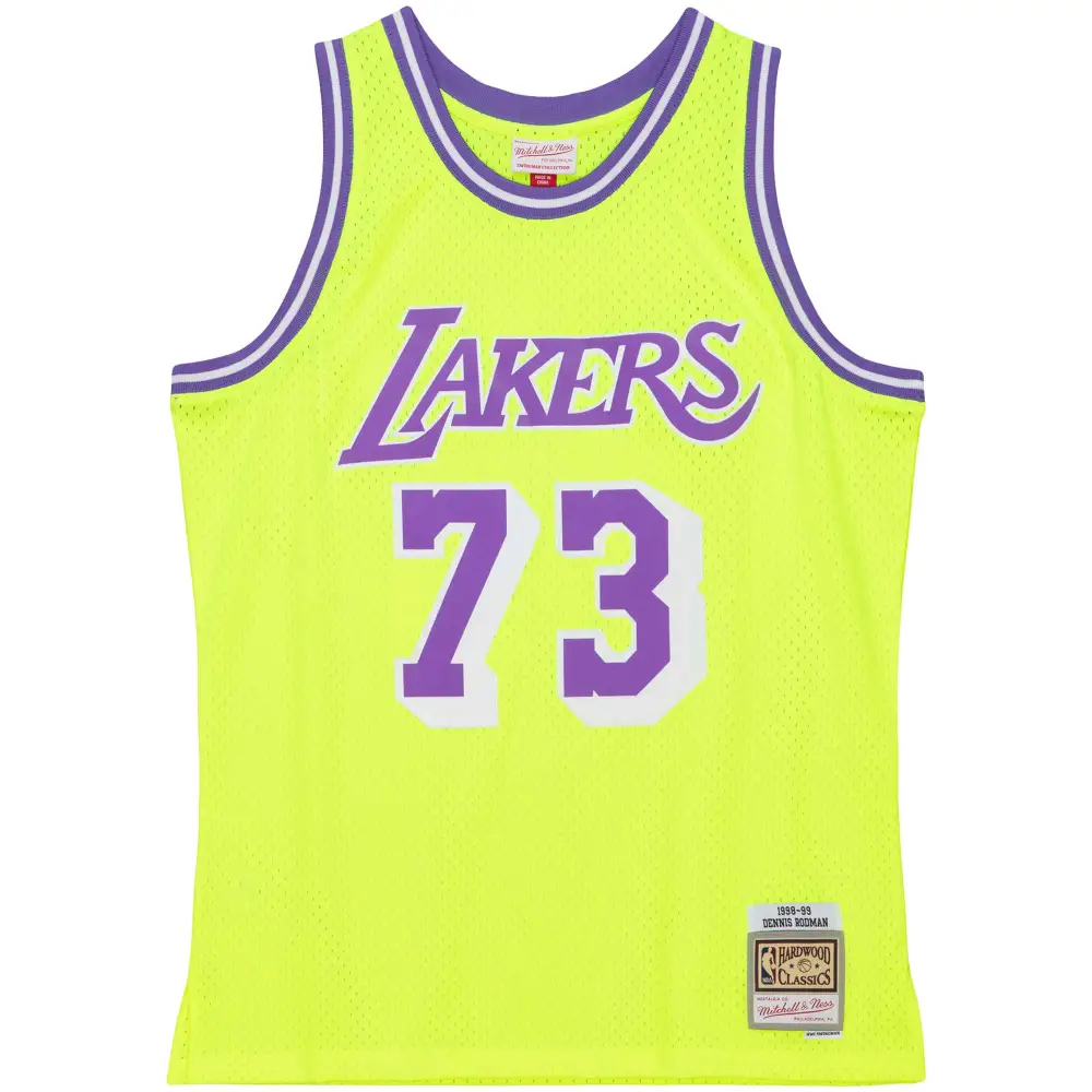 Men's Los Angeles Lakers Dennis Rodman Neon Yellow Hardwood Classics 1998/99 Tropical Swingman Jersey