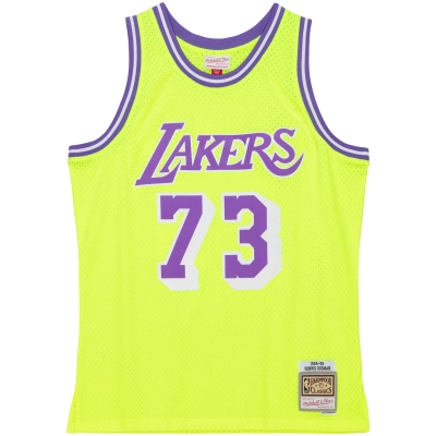 Men's Los Angeles Lakers Dennis Rodman Neon Yellow Hardwood Classics 1998/99 Tropical Swingman Jersey 02