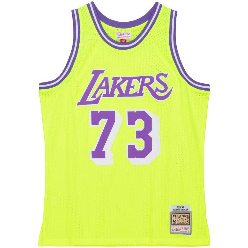 Men's Los Angeles Lakers Dennis Rodman Neon Yellow Hardwood Classics 1998/99 Tropical Swingman Jersey
