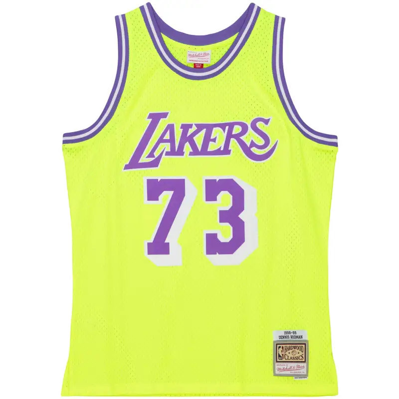 Men's Los Angeles Lakers Dennis Rodman Neon Yellow Hardwood Classics 1998/99 Tropical Swingman Jersey
