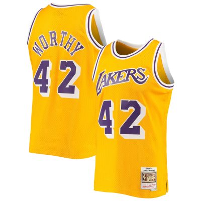 Men's Los Angeles Lakers James Worthy Gold 1984/85 Hardwood Classics Swingman Jersey 01