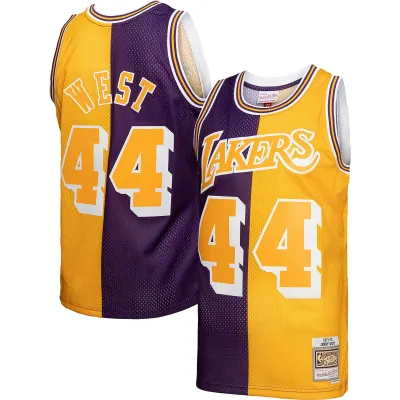 Men's Los Angeles Lakers Jerry West Purple/Gold Hardwood Classics 1971/72 Split Swingman Jersey 01