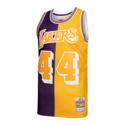 Men's Los Angeles Lakers Jerry West Purple/Gold Hardwood Classics 1971/72 Split Swingman Jersey 02