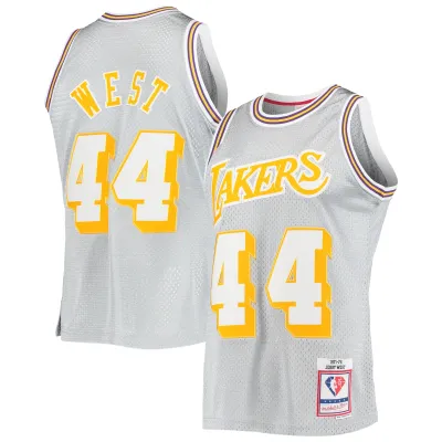 Men's Los Angeles Lakers Jerry West Silver 75th Anniversary 1971/72 Hardwood Classics Swingman Jersey 01