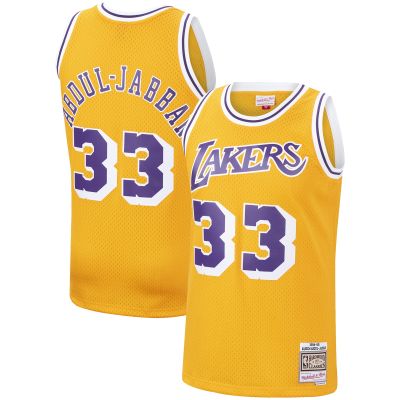 Men's Los Angeles Lakers Kareem Abdul-Jabbar Gold Hardwood Classics Swingman Jersey 01