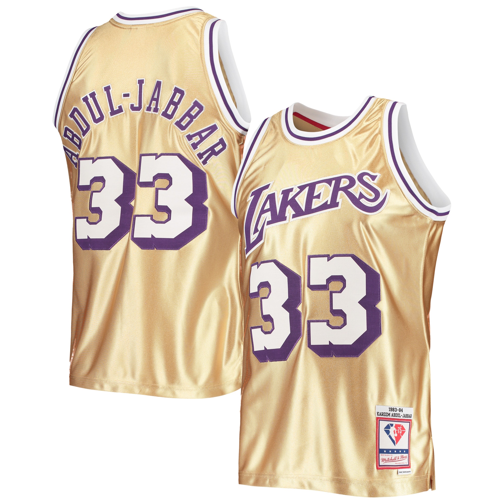 Men's Los Angeles Lakers Kareem Abdul-Jabbar Gold 75th Anniversary 1983/84 Hardwood Classics Swingman Jersey