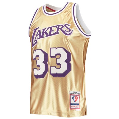 Men's Los Angeles Lakers Kareem Abdul-Jabbar Gold 75th Anniversary 1983/84 Hardwood Classics Swingman Jersey 02