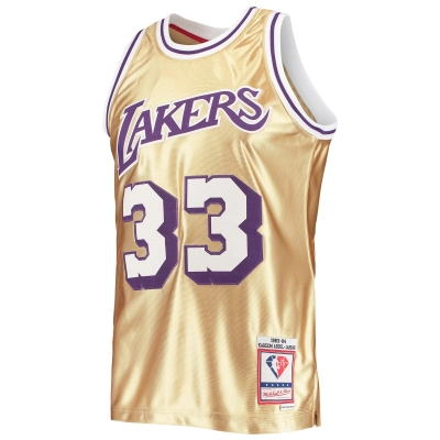 Men's Los Angeles Lakers Kareem Abdul-Jabbar Gold 75th Anniversary 1983/84 Hardwood Classics Swingman Jersey 02