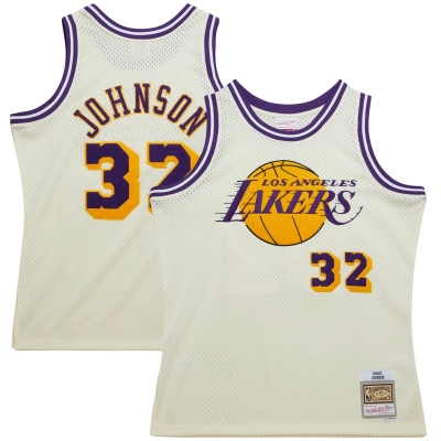 Men's Los Angeles Lakers Magic Johnson Cream Chainstitch Swingman Jersey 01