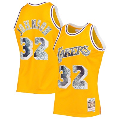 Men's Los Angeles Lakers Magic Johnson Gold 1984/85 Hardwood Classics NBA 75th Anniversary Diamond Swingman Jersey 01