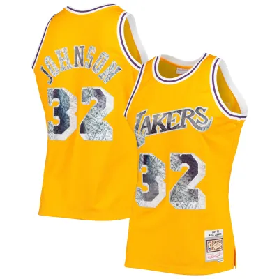 Men's Los Angeles Lakers Magic Johnson Gold 1984/85 Hardwood Classics NBA 75th Anniversary Diamond Swingman Jersey 01