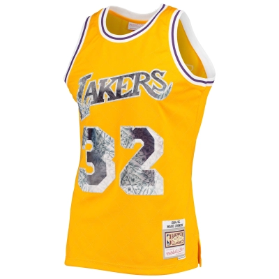 Men's Los Angeles Lakers Magic Johnson Gold 1984/85 Hardwood Classics NBA 75th Anniversary Diamond Swingman Jersey 02