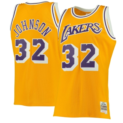 Men's Los Angeles Lakers Magic Johnson Gold 1984/85 Hardwood Classics Swingman Jersey 01