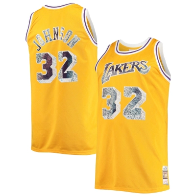 Men's Los Angeles Lakers Magic Johnson Gold Big & Tall 1984/85 NBA 75th Anniversary Diamond Swingman Jersey 01