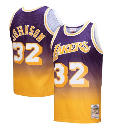 Men's Los Angeles Lakers Magic Johnson Gold/Purple 1984/85 Hardwood Classics Fadeaway Swingman Player Jersey 01