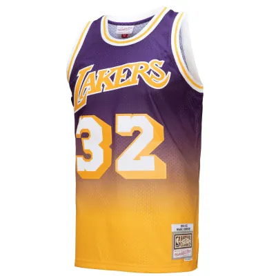 Men's Los Angeles Lakers Magic Johnson Gold/Purple 1984/85 Hardwood Classics Fadeaway Swingman Player Jersey 02