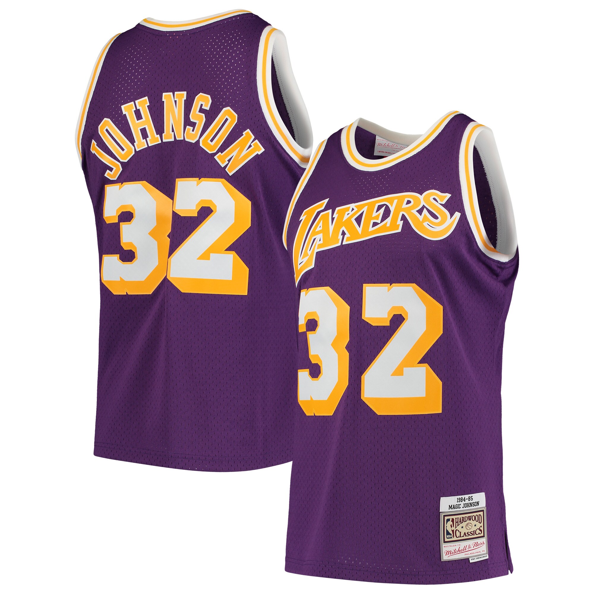 Men's Los Angeles Lakers Magic Johnson Purple 1984/85 Hardwood Classics Swingman Jersey