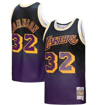 Men's Los Angeles Lakers Magic Johnson Purple/Black 1984/85 Hardwood Classics Fadeaway Swingman Player Jersey 01