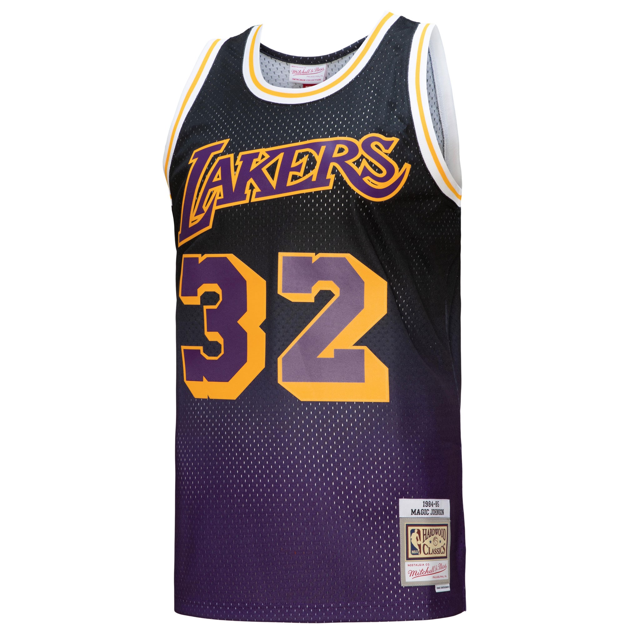 Men's Los Angeles Lakers Magic Johnson Purple/Black 1984/85 Hardwood Classics Fadeaway Swingman Player Jersey
