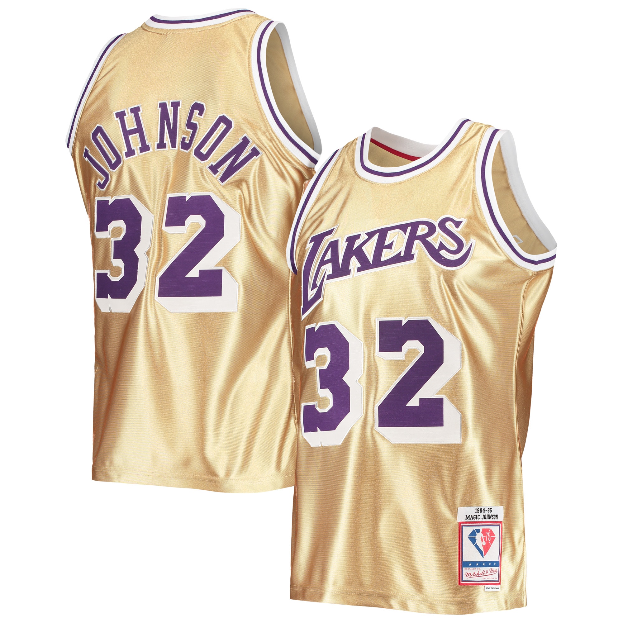 Men's Los Angeles Lakers Magic Johnson Gold 75th Anniversary 1984/85 Hardwood Classics Swingman Jersey