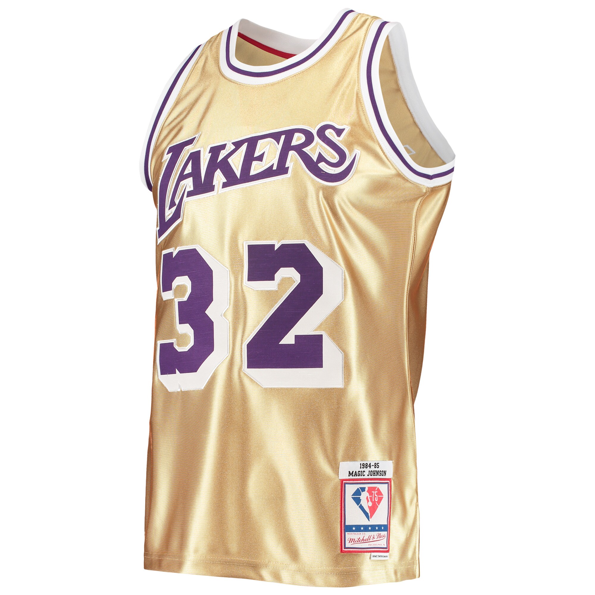 Men's Los Angeles Lakers Magic Johnson Gold 75th Anniversary 1984/85 Hardwood Classics Swingman Jersey