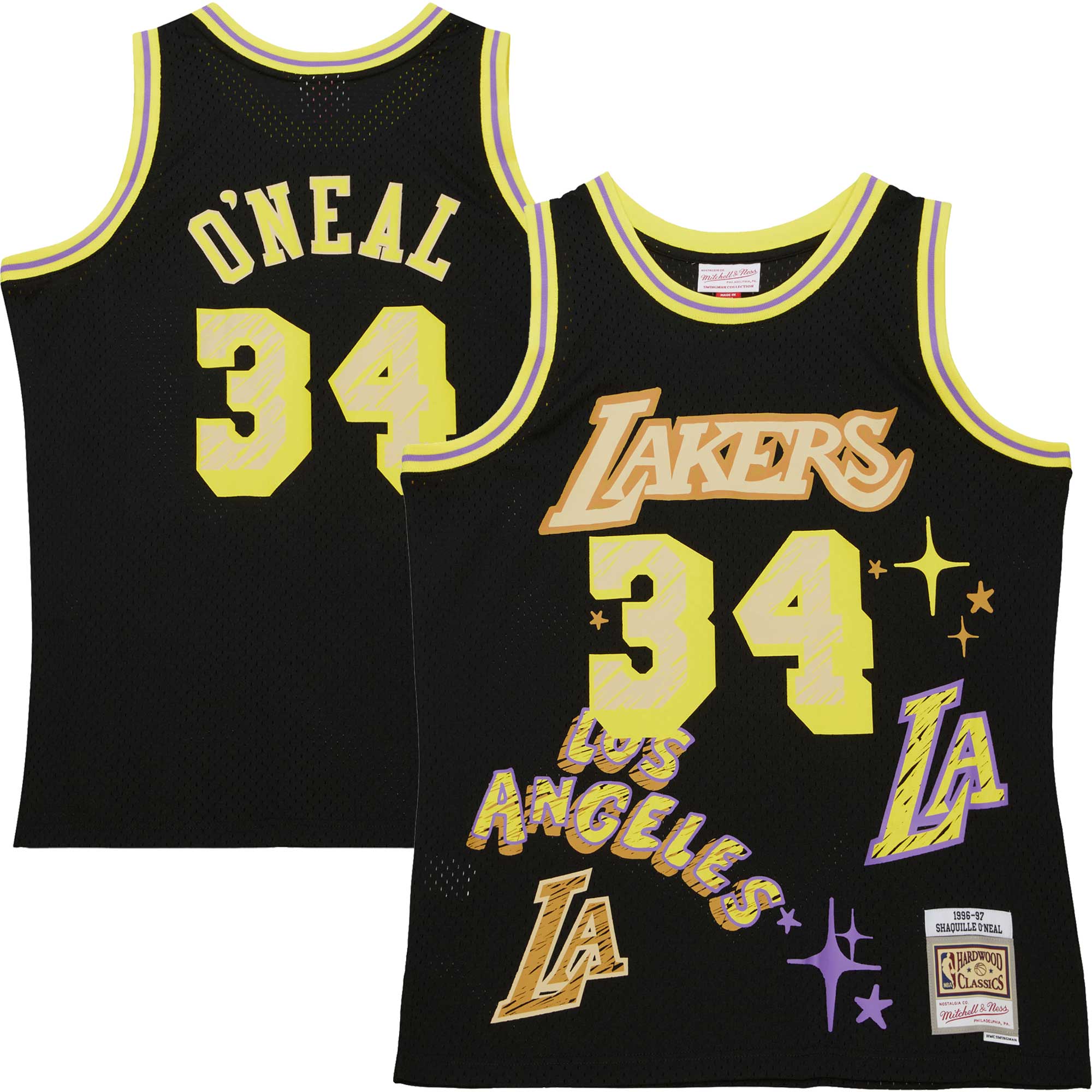 Men's Los Angeles Lakers Shaquille O'Neal Black 1996/97 Swingman Sidewalk Sketch Jersey