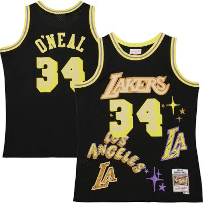 Men's Los Angeles Lakers Shaquille O'Neal Black 1996/97 Swingman Sidewalk Sketch Jersey 01