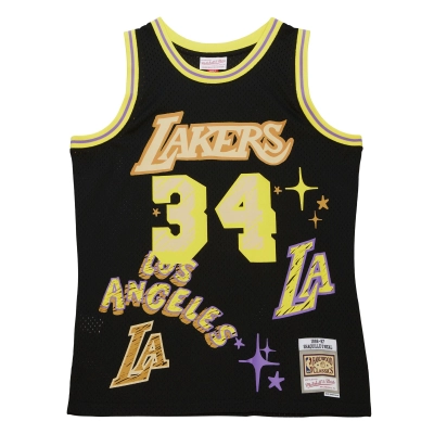Men's Los Angeles Lakers Shaquille O'Neal Black 1996/97 Swingman Sidewalk Sketch Jersey 02