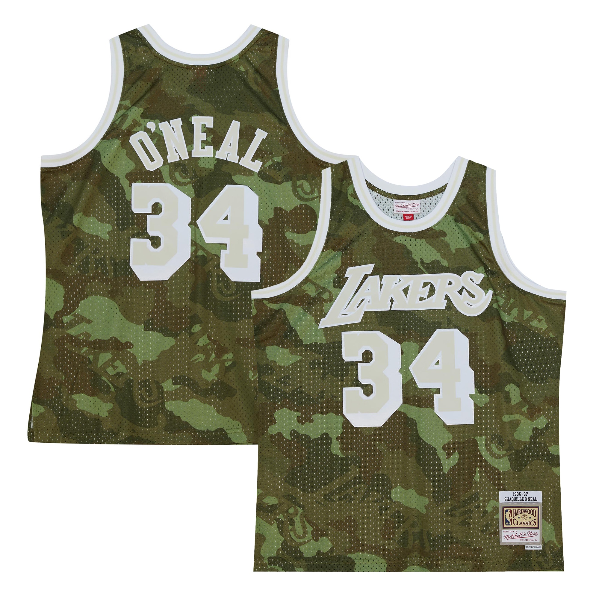 Men's Los Angeles Lakers Shaquille O'Neal Camo Hardwood Classics 1996/97 Ghost Green Swingman Jersey