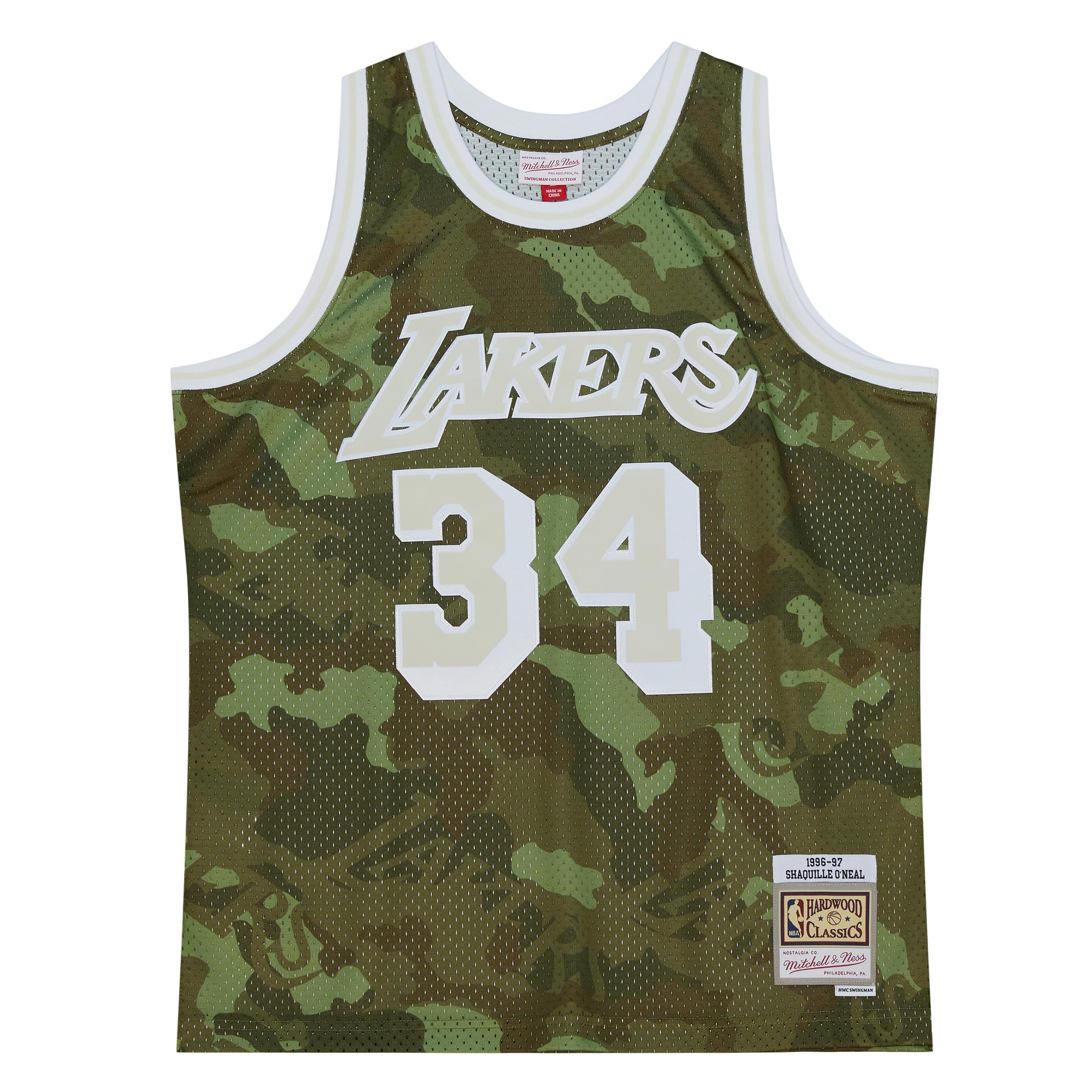 Men's Los Angeles Lakers Shaquille O'Neal Camo Hardwood Classics 1996/97 Ghost Green Swingman Jersey