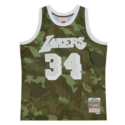 Men's Los Angeles Lakers Shaquille O'Neal Camo Hardwood Classics 1996/97 Ghost Green Swingman Jersey 02
