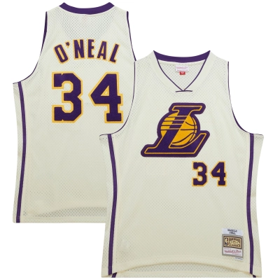 Men's Los Angeles Lakers Shaquille O'Neal Cream Chainstitch Swingman Jersey 01