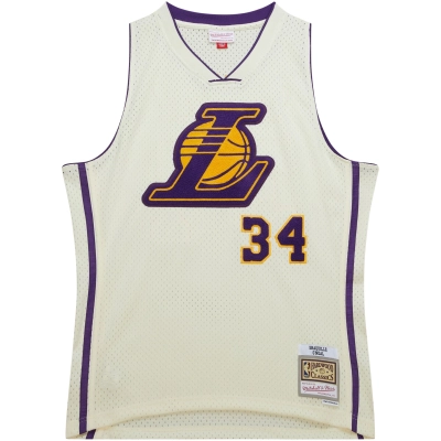 Men's Los Angeles Lakers Shaquille O'Neal Cream Chainstitch Swingman Jersey 02
