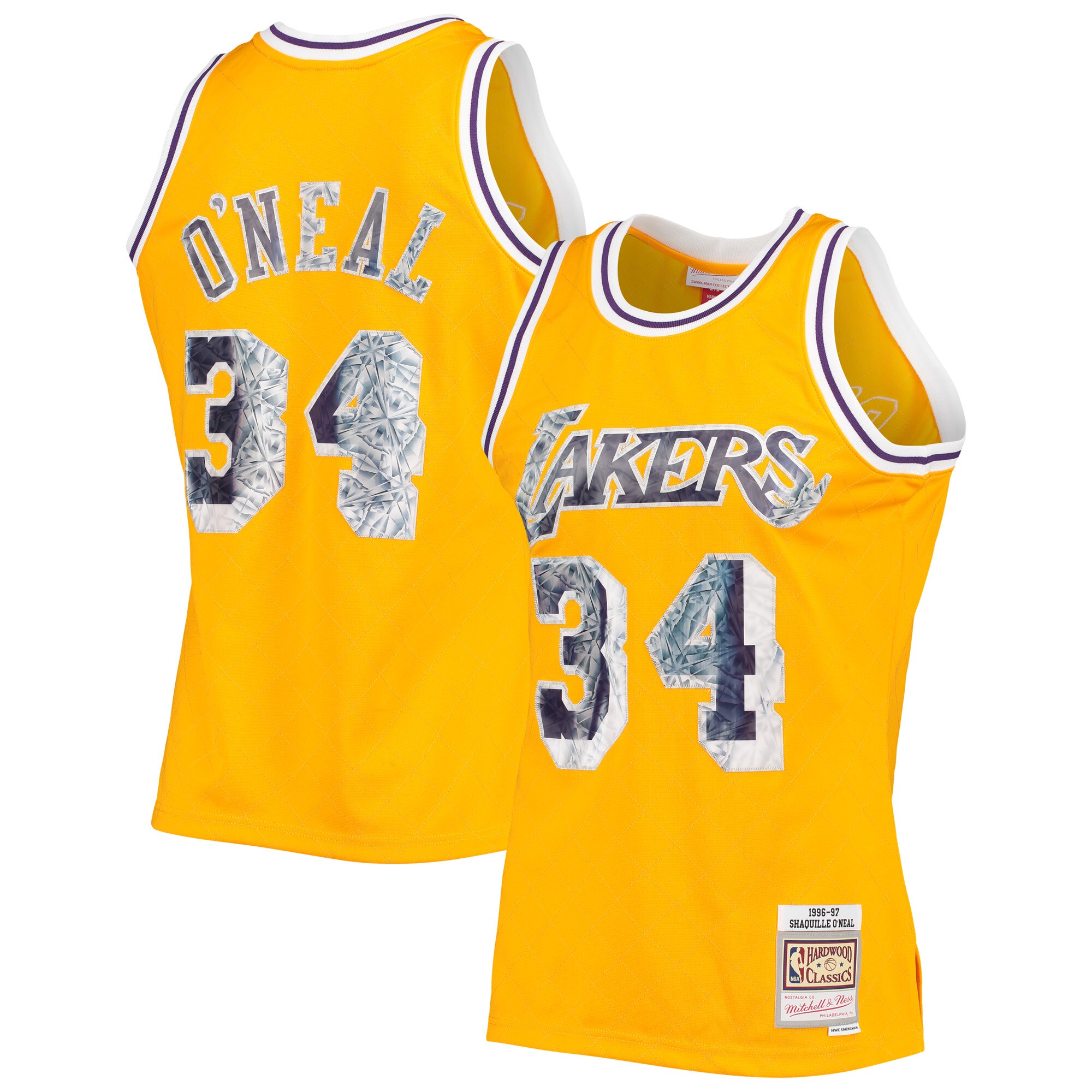 Men's Los Angeles Lakers Shaquille O'Neal Gold 1996-97 Hardwood Classics NBA 75th Anniversary Diamond Swingman Jersey