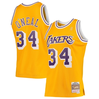 Men's Los Angeles Lakers Shaquille O'Neal Gold 1996/97 Hardwood Classics Swingman Jersey 01