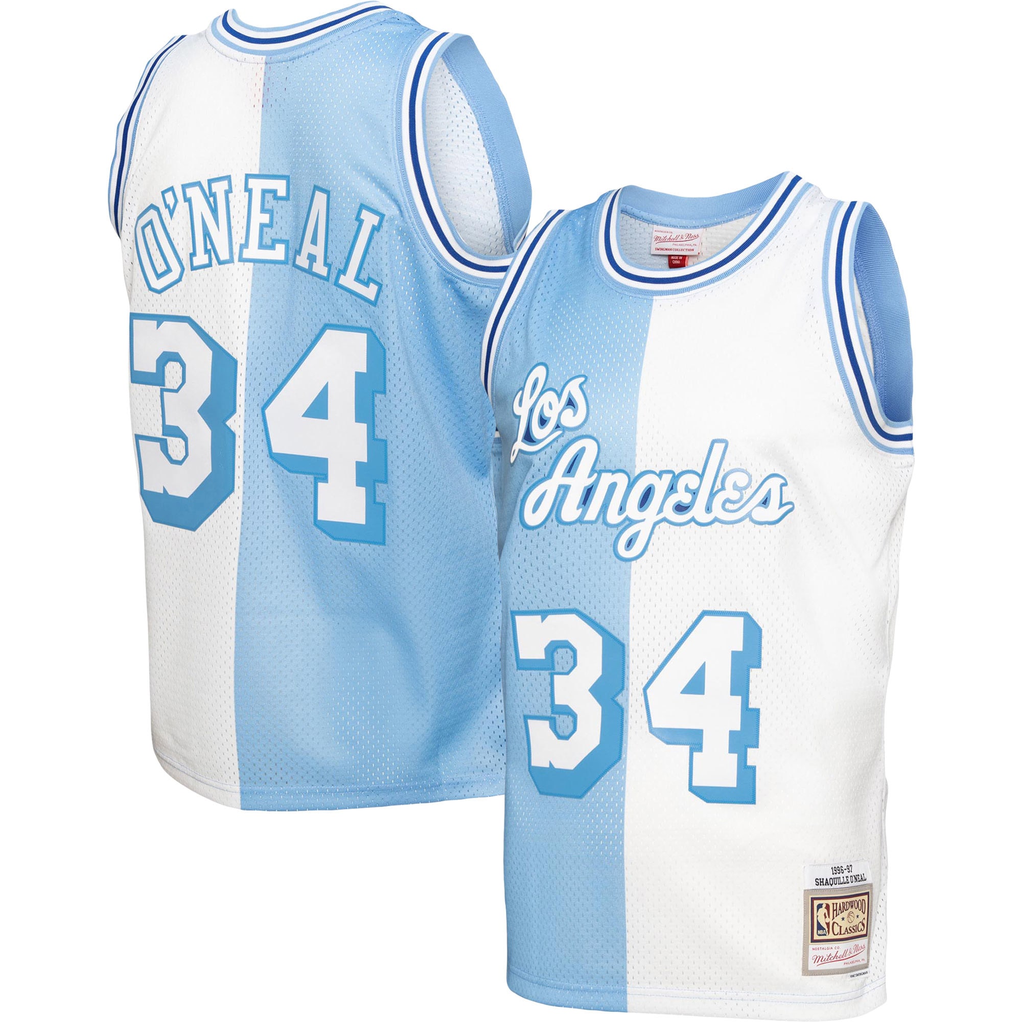 Men's Los Angeles Lakers Shaquille O'Neal Powder Blue/White Big & Tall Hardwood Classics 1996/97 Split Swingman Jersey