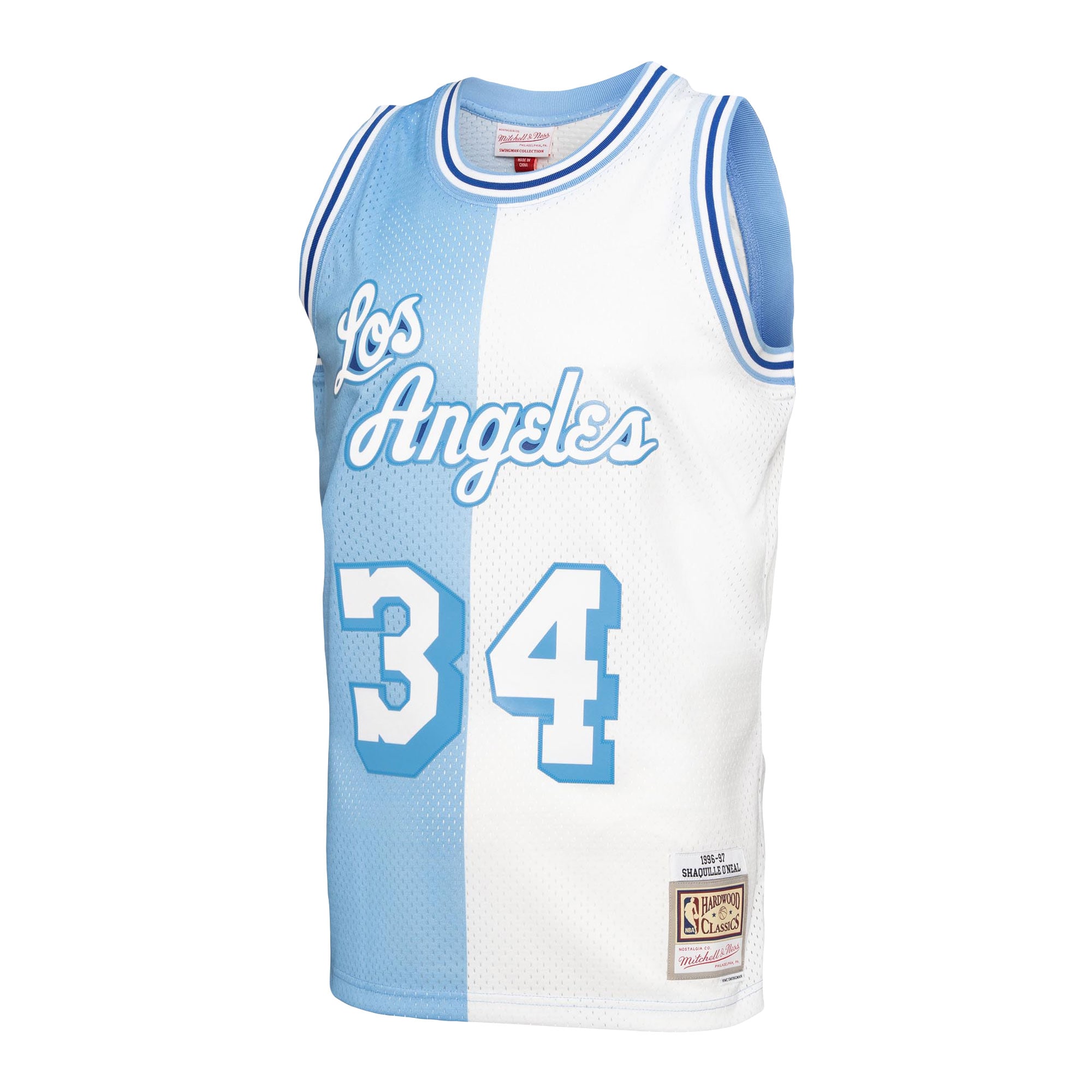 Men's Los Angeles Lakers Shaquille O'Neal Powder Blue/White Hardwood Classics 1996/97 Split Swingman Jersey