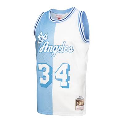 Men's Los Angeles Lakers Shaquille O'Neal Powder Blue/White Hardwood Classics 1996/97 Split Swingman Jersey 02