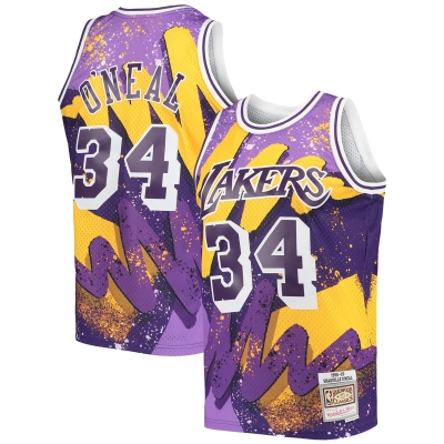 Men's Los Angeles Lakers Shaquille O'Neal Purple Hardwood Classics 1996/97 Hyper Hoops Swingman Jersey 01