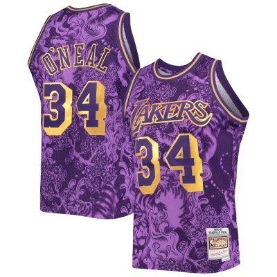 Men's Los Angeles Lakers Shaquille O'Neal Purple Hardwood Classics 1996/97 Lunar New Year Swingman Jersey 01