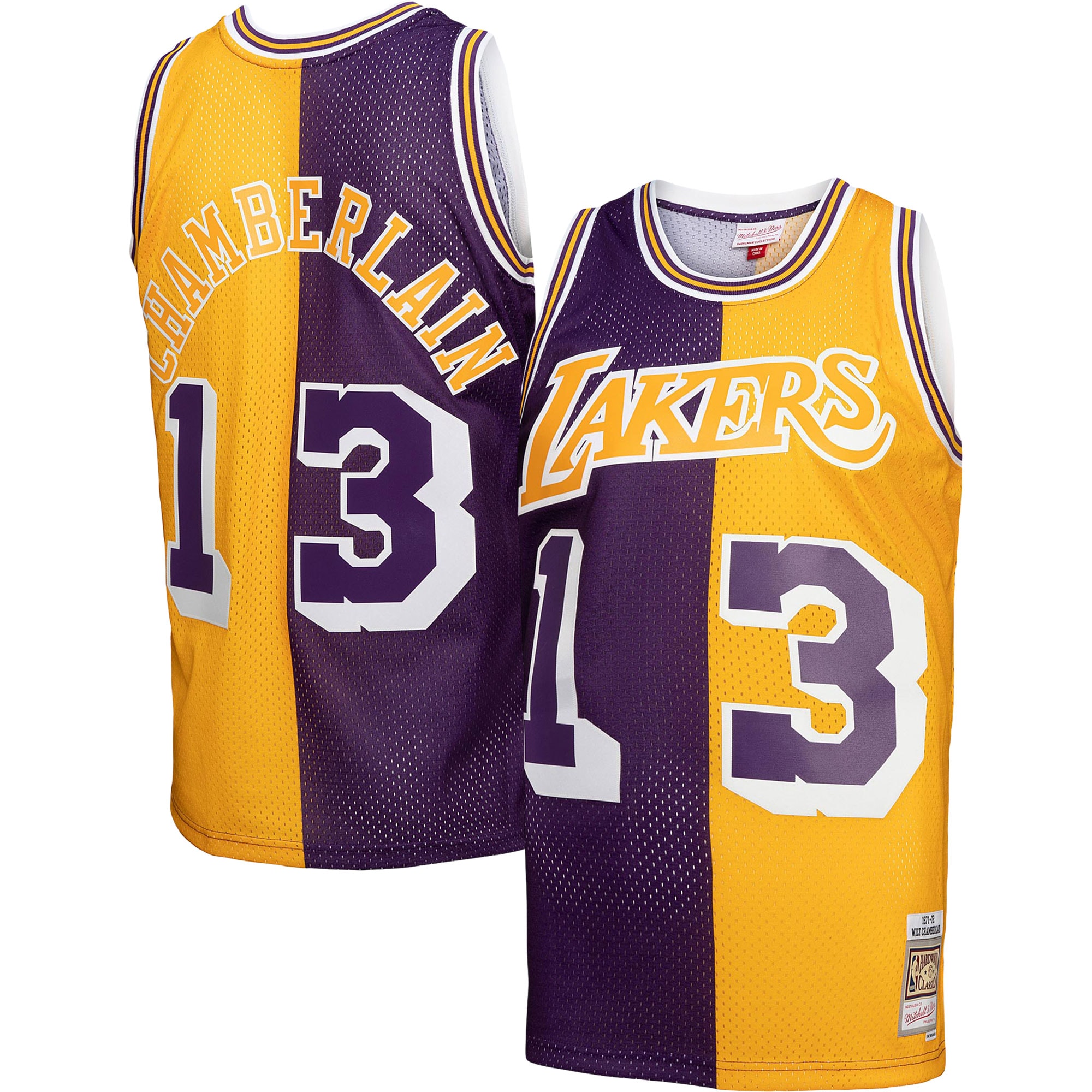 Men's Los Angeles Lakers Wilt Chamberlain Purple/Gold Hardwood Classics 1971/72 Split Swingman Jersey