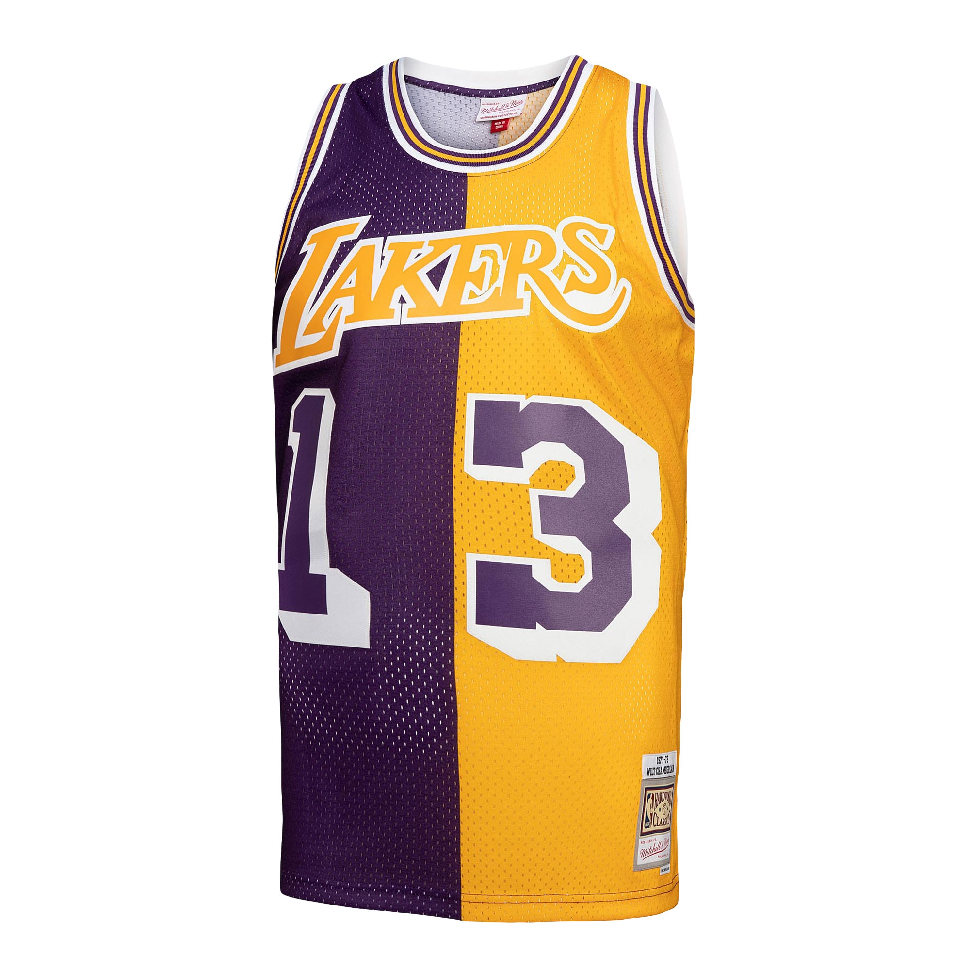 Men's Los Angeles Lakers Wilt Chamberlain Purple/Gold Hardwood Classics 1971/72 Split Swingman Jersey
