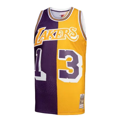 Men's Los Angeles Lakers Wilt Chamberlain Purple/Gold Hardwood Classics 1971/72 Split Swingman Jersey 02