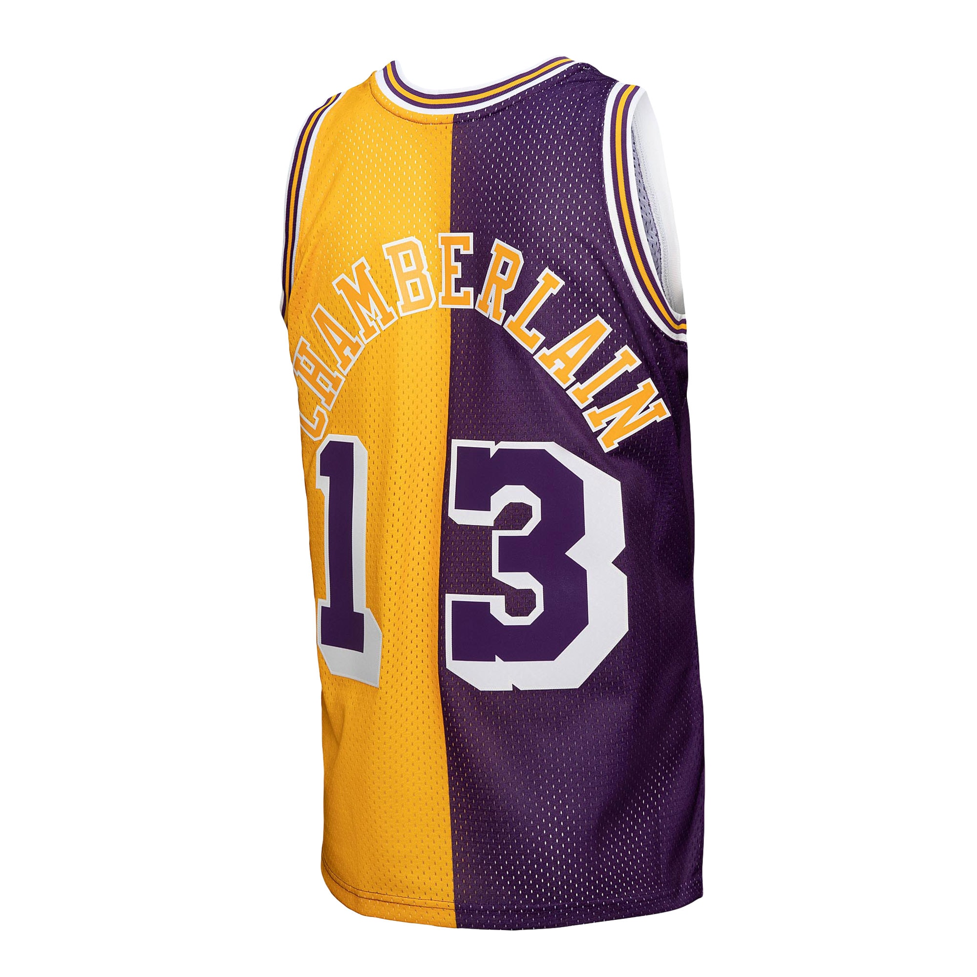 Men's Los Angeles Lakers Wilt Chamberlain Purple/Gold Hardwood Classics 1971/72 Split Swingman Jersey