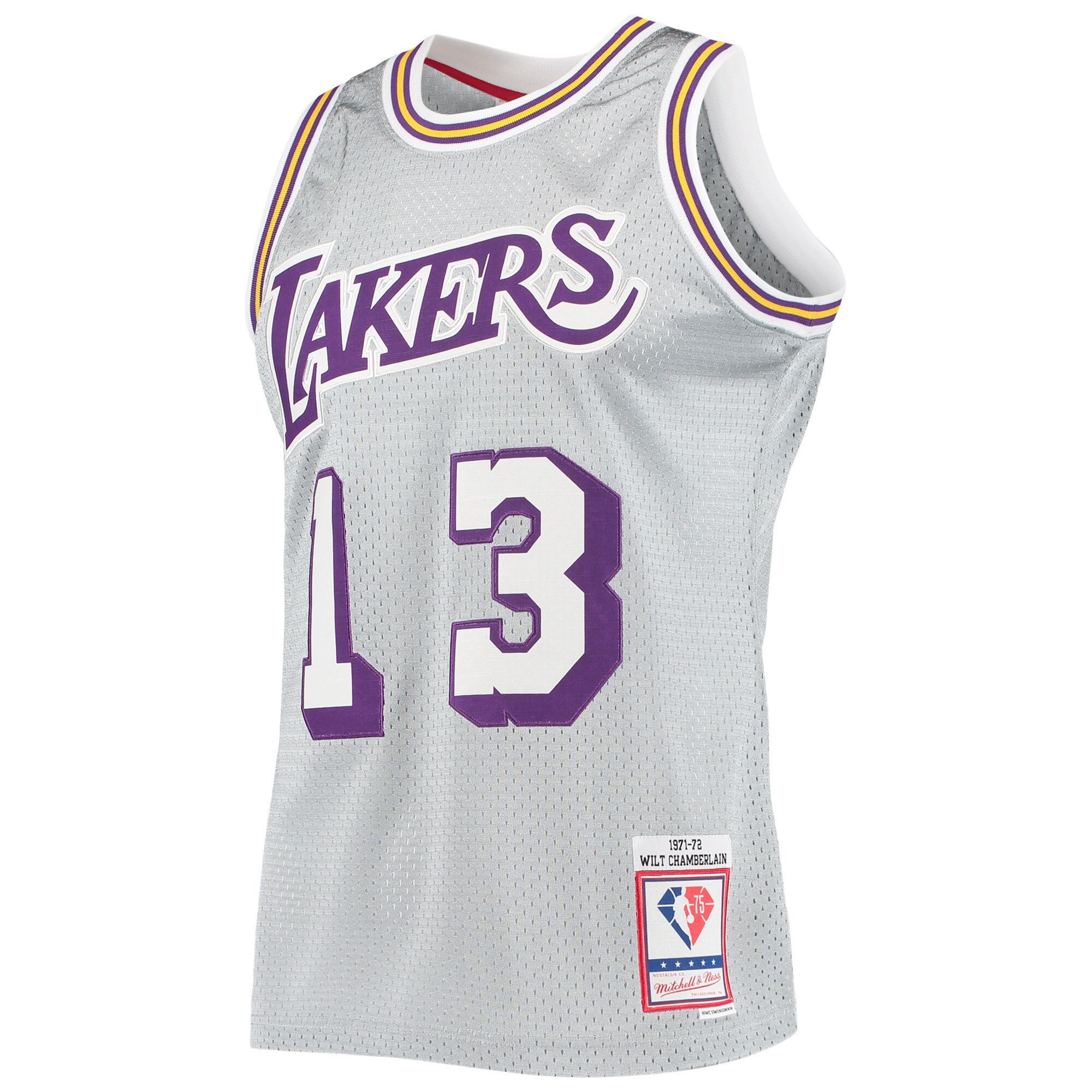 Men's Los Angeles Lakers Wilt Chamberlain Silver 75th Anniversary 1971/72 Hardwood Classics Swingman Jersey